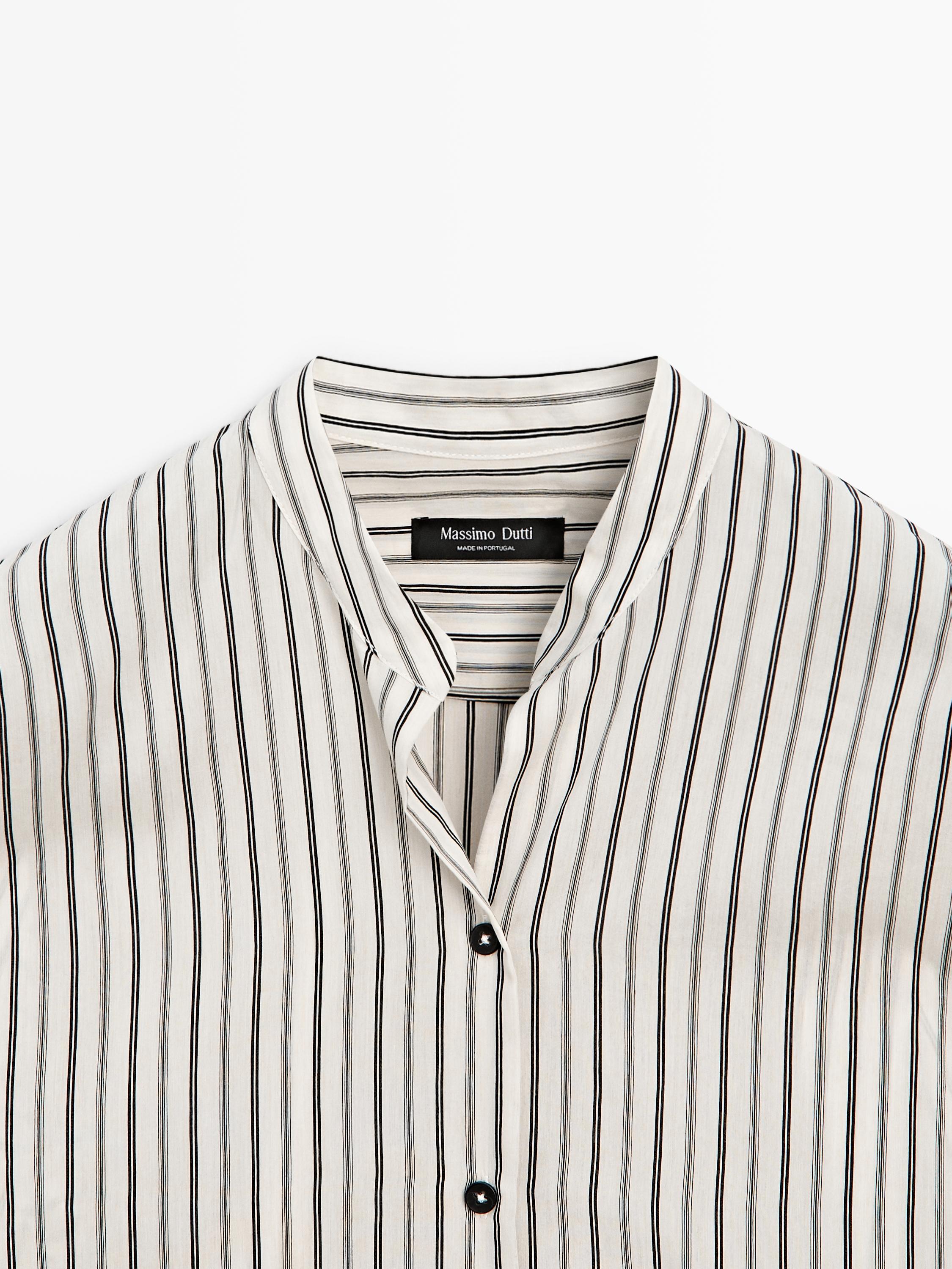 Striped flowing shirt with stand collar